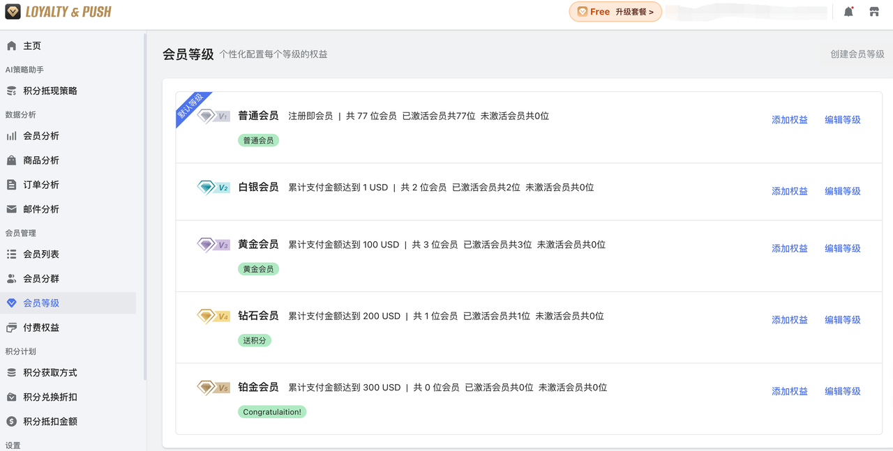 「Loyalty & Push」智能会员插件的会员分级